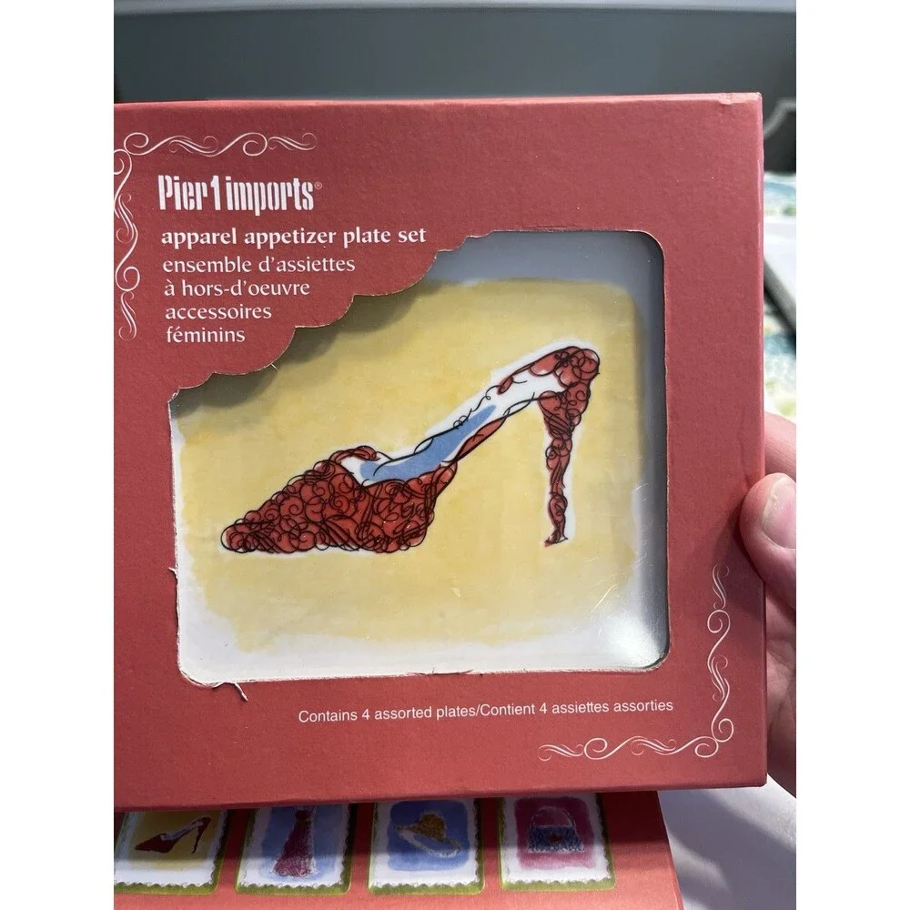 Pier 1 Square Appetizer 6” Plates Featuring Hats, Dress, Shoes & Purse 8pcs